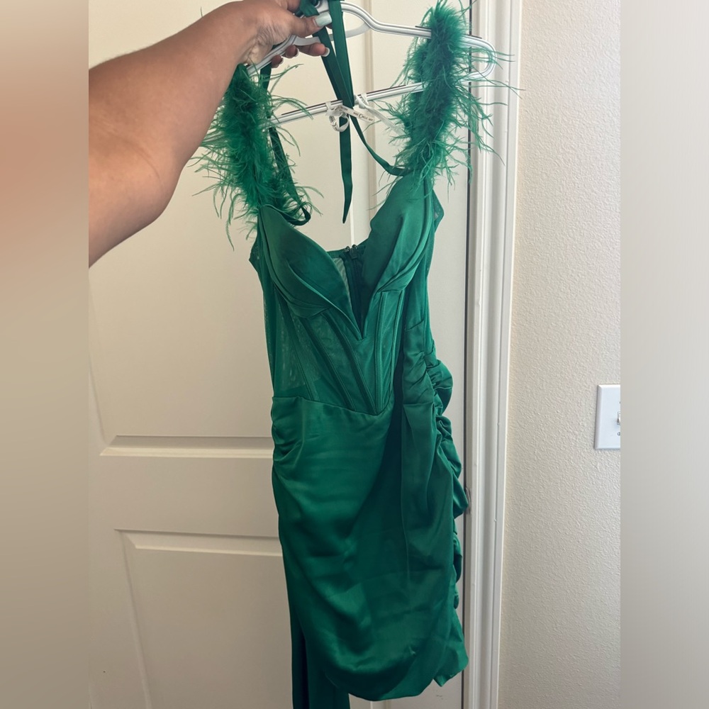 Emerald Green Satin Draping Corset Draping Dress with feather straps